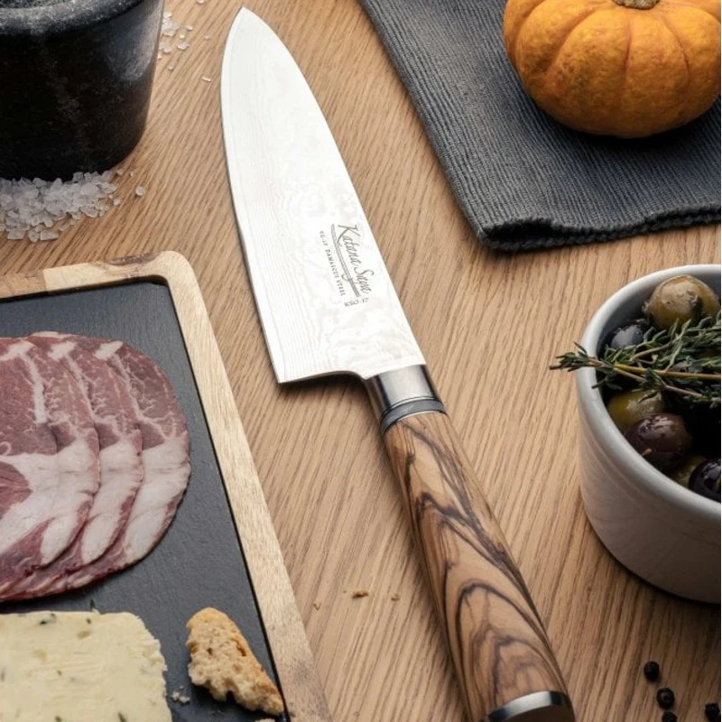 Cuchillo Chef Gyuto 20cm Katana Saya - Acero Damasco VG-10 67 Capas con Mango de Olivo