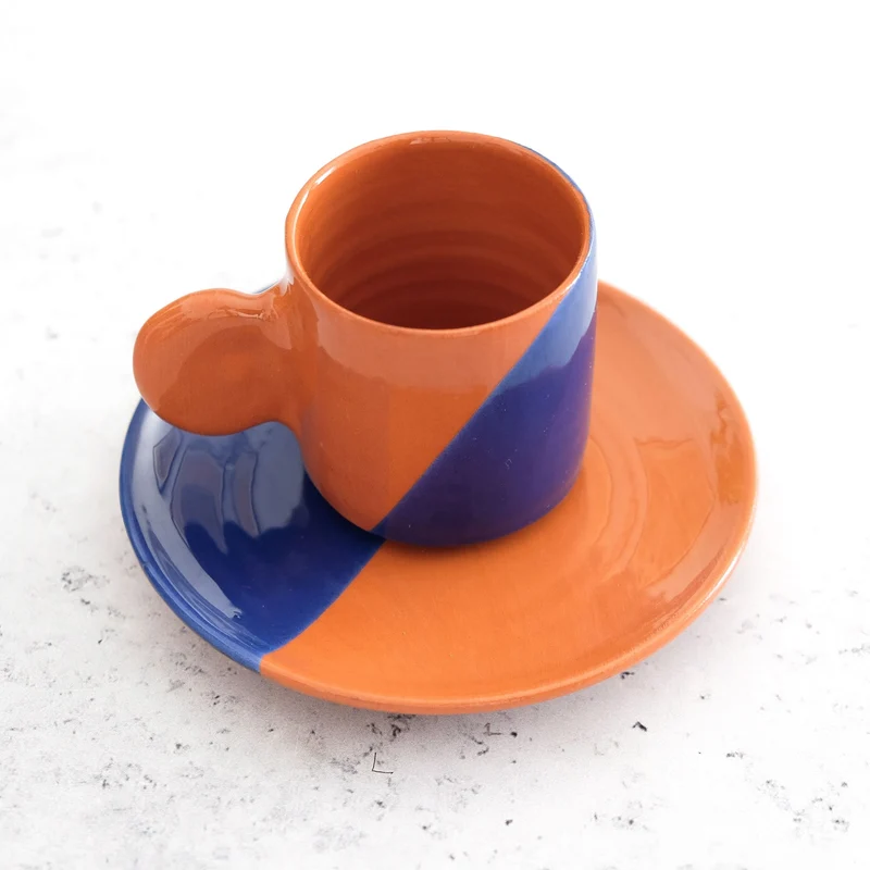 Taza y platillo de espresso - Terracota y azul