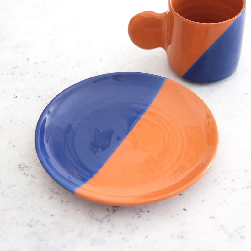 Taza y platillo de espresso - Terracota y azul