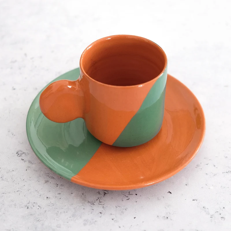 Taza y plato de espresso - Terracota y verde