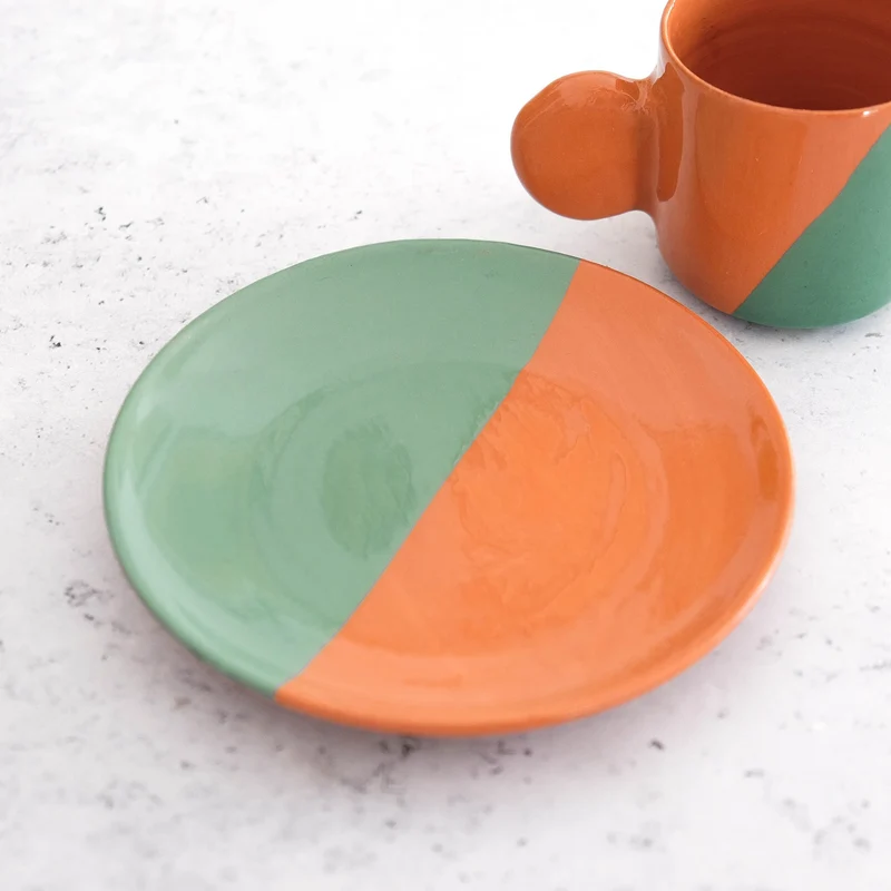 Taza y plato de espresso - Terracota y verde