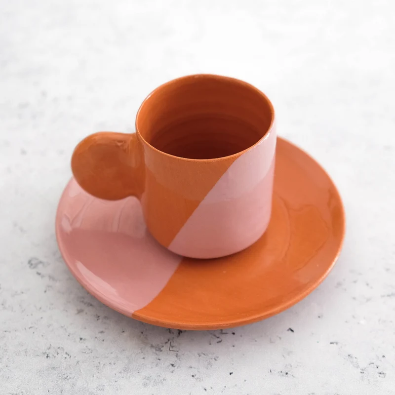 Taza de espresso y platillo - Terracota y rosa