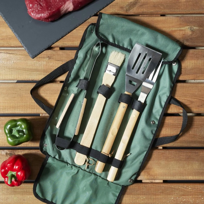 Set 4 Utensilios Barbacoa Profesional | Acero Inox y Madera Premium
