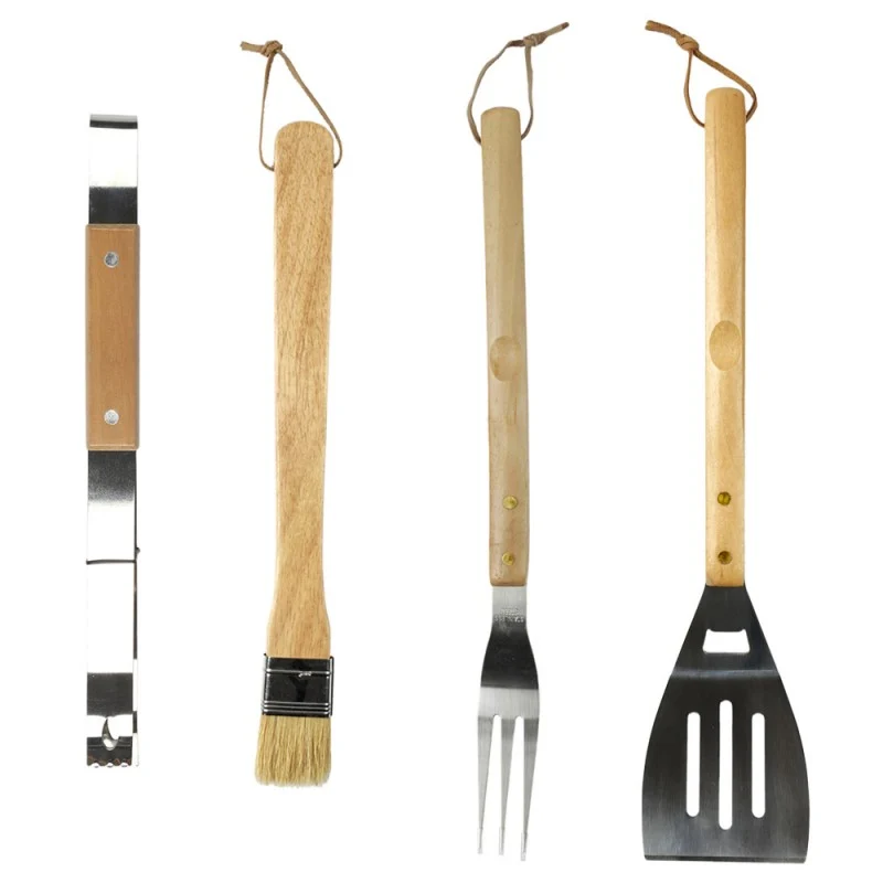 Set 4 Utensilios Barbacoa Profesional | Acero Inox y Madera Premium