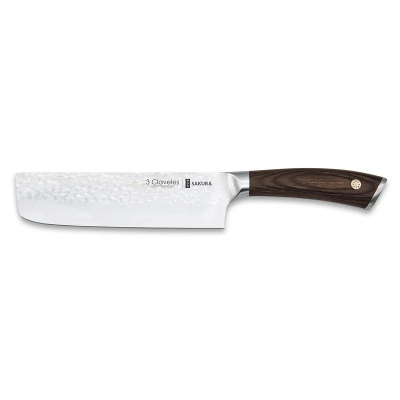Cuchillo Nakiri Usuba 3 Claveles Sakura 17 cm – Hoja Martillada 3Cr13 y Mango Pakka