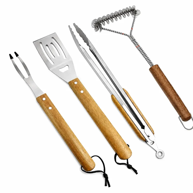 SET 4 PIEZAS INOX ACACIA 30X5X42 PARA BARBACOA