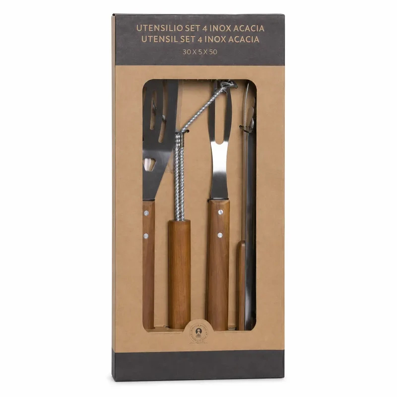 SET 4 PIEZAS INOX ACACIA 30X5X42 PARA BARBACOA