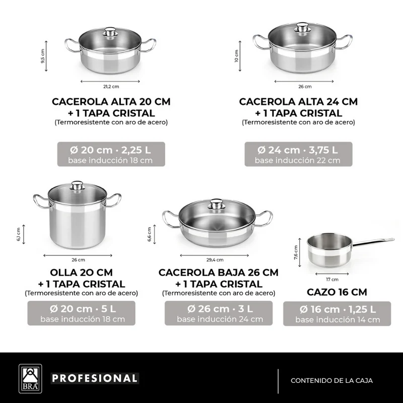 Batería de cocina 9 piezas acero inoxidable sin antiadherente Profesional