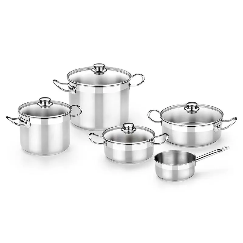 Batería de cocina 9 piezas acero inoxidable sin antiadherente con tapa de cristal Profesional