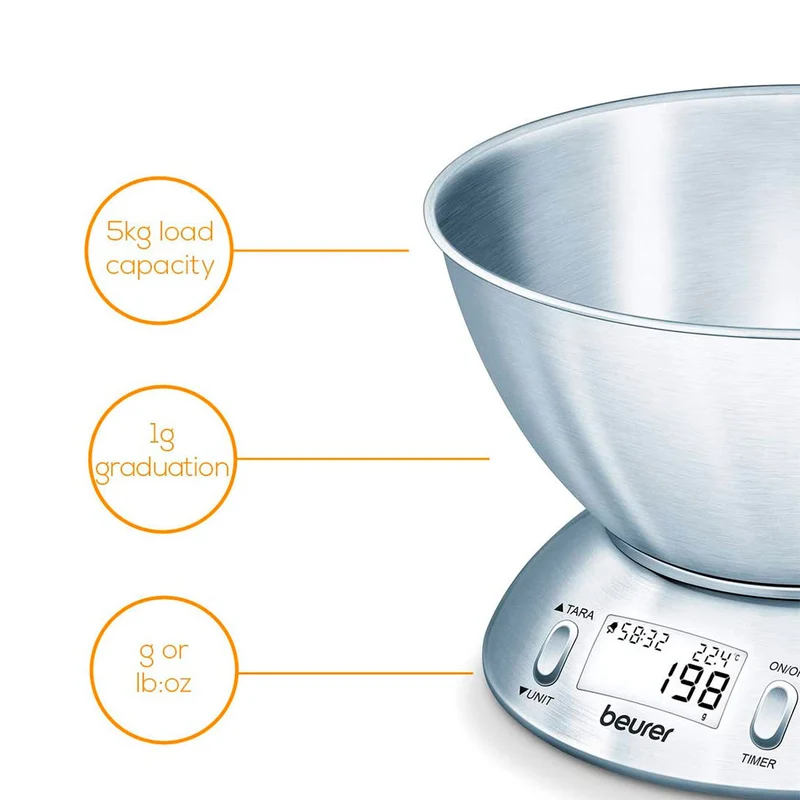Balanza de cocina 5kg con bol inox KS 54 Beurer