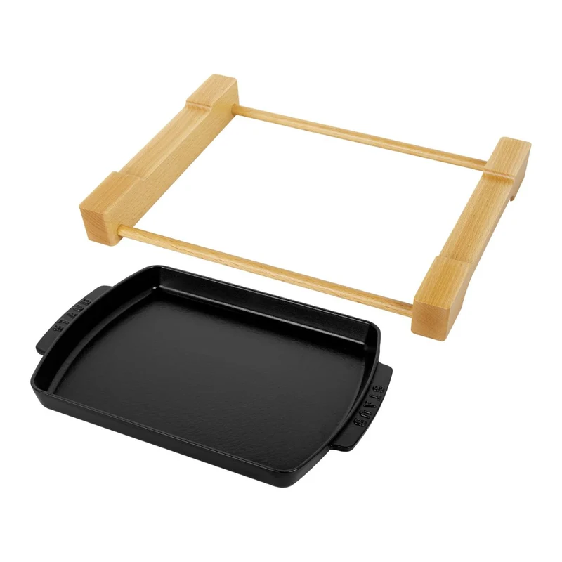 Bandeja rectangular de hierro fundido para cocinar y servir con base de madera Staub
