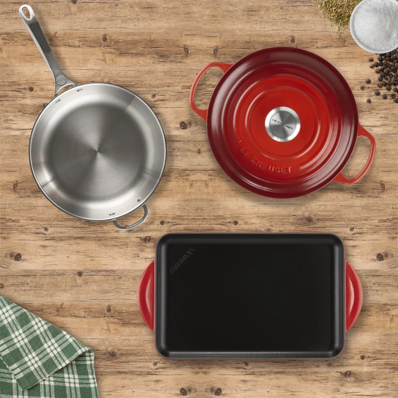 Pack Completo Le Creuset: Cocotte + Parrilla de hierro + Sartén inox 3-Ply