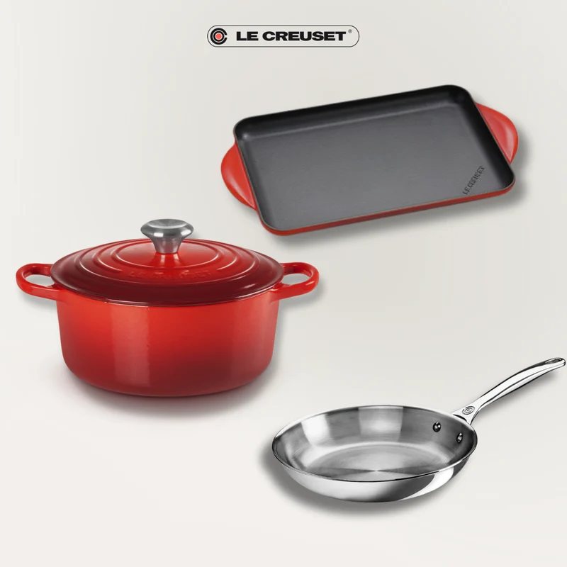Pack Completo Le Creuset: Cocotte + Parrilla de hierro + Sartén inox 3-Ply