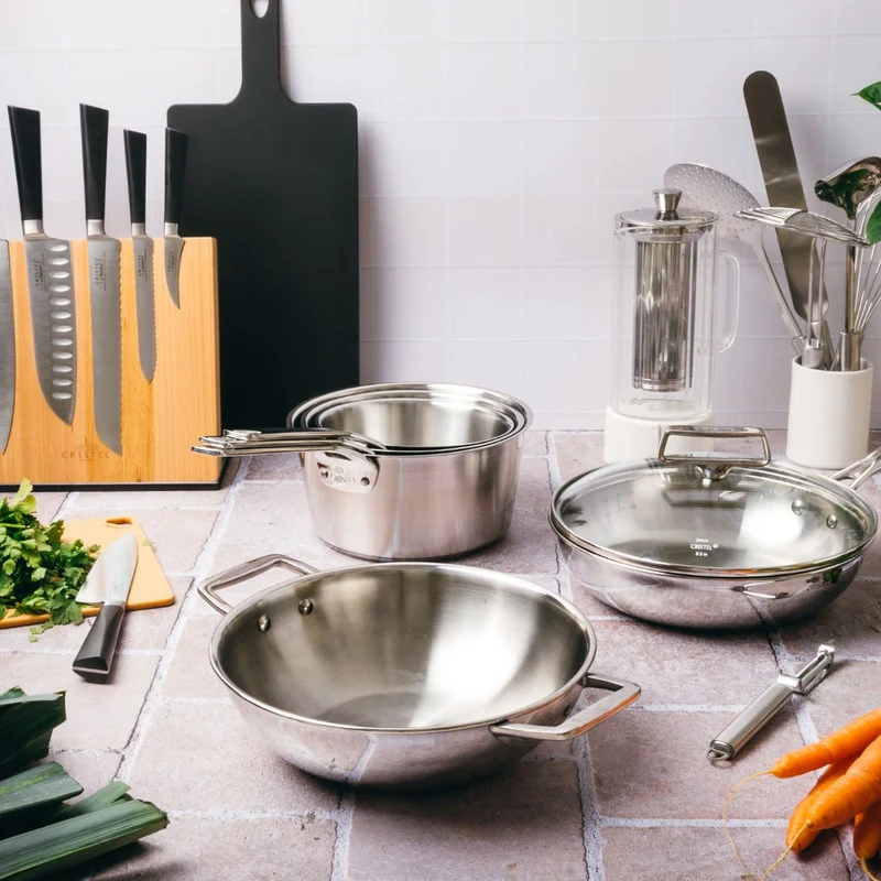 Wok de acero inoxidable 3-Ply con tapa de cristal Castel'Pro Cristel