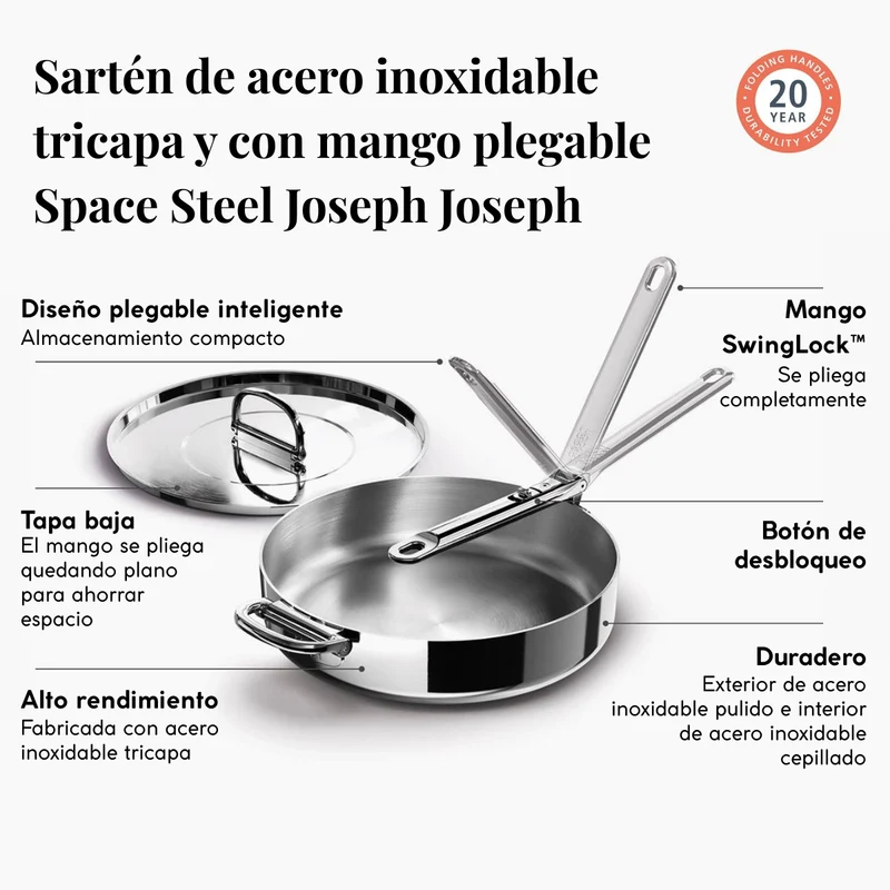 Sartén de acero inoxidable tricapa y con mango plegable Space Steel Joseph Joseph