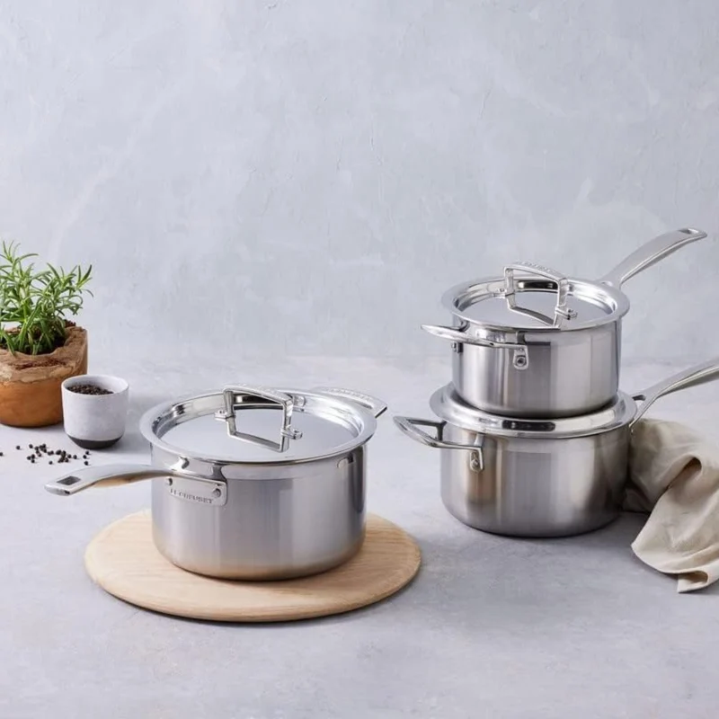 Set de 3 cazos con tapa de acero inoxidable 3-PLY Le Creuset