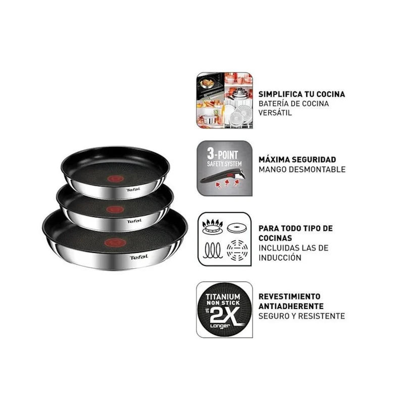 Conjunto de 3 sartenes y mango Ingenio Emotion Tefal 22, 24 y 28 cm